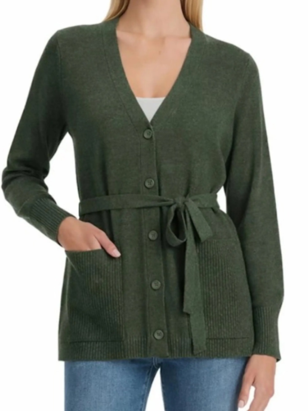 Splendid Cardigan Green V-Neck Belted Cardigan